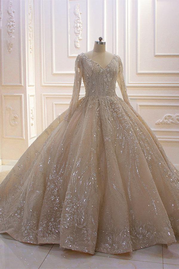 Sparkle Lace Long Sleevess Champange Luxurious corset Wedding Dress - Image 6
