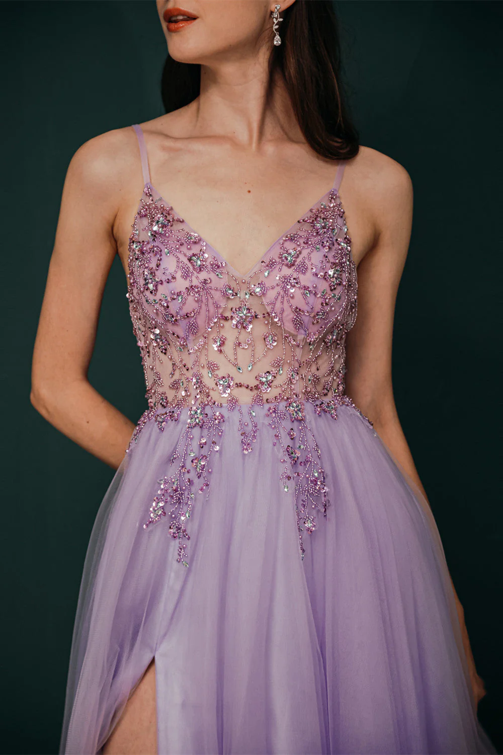 Sparkle Lilac Tulle High-split Spaghetti Strap Prom Dress - Image 10