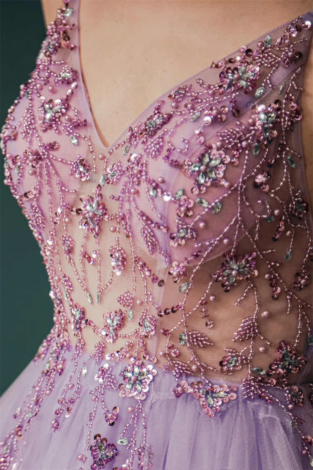 Sparkle Lilac Tulle High-split Spaghetti Strap Prom Dress - Image 3