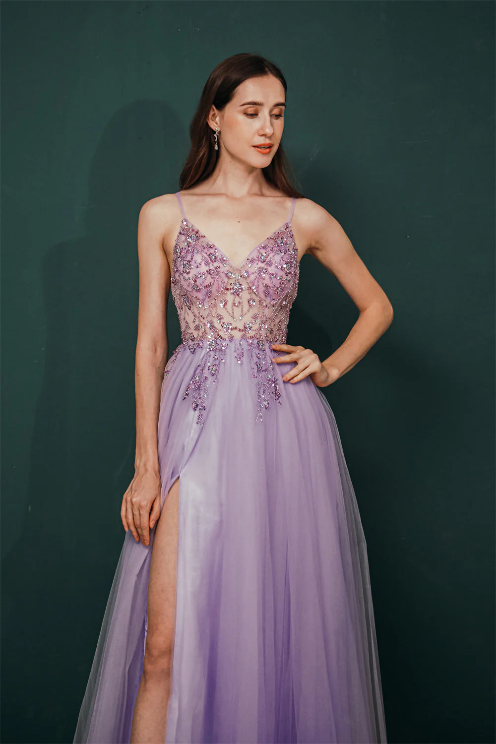 Sparkle Lilac Tulle High-split Spaghetti Strap Prom Dress - Image 4