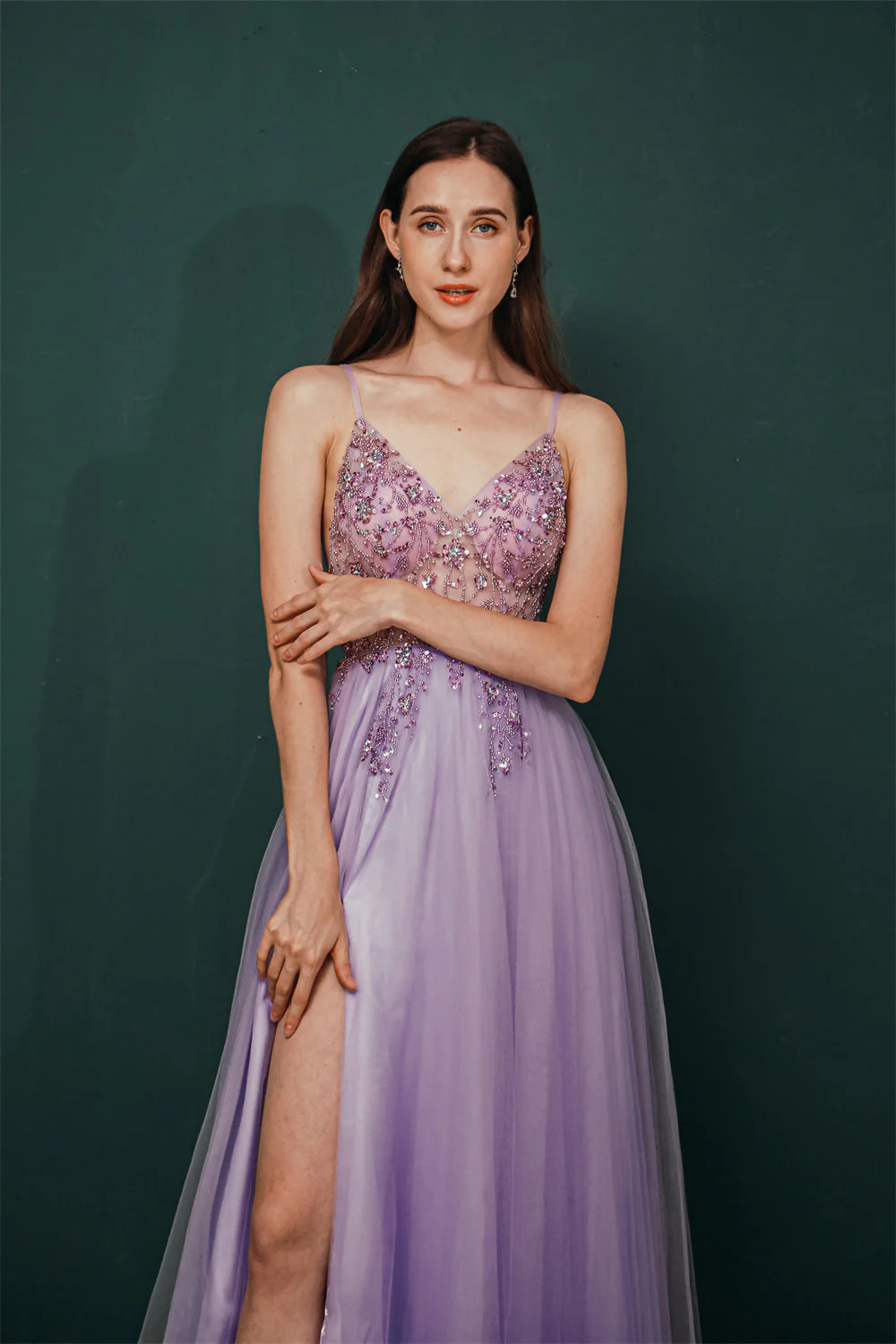 Sparkle Lilac Tulle High-split Spaghetti Strap Prom Dress - Image 5
