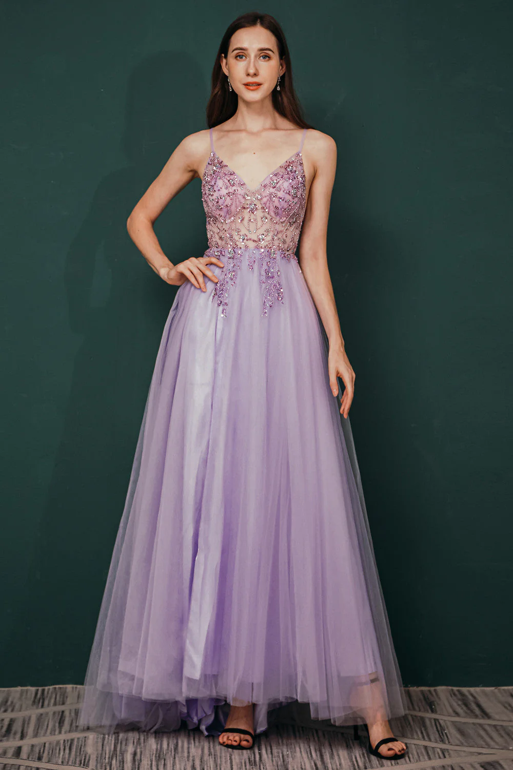 Sparkle Lilac Tulle High-split Spaghetti Strap Prom Dress - Image 6