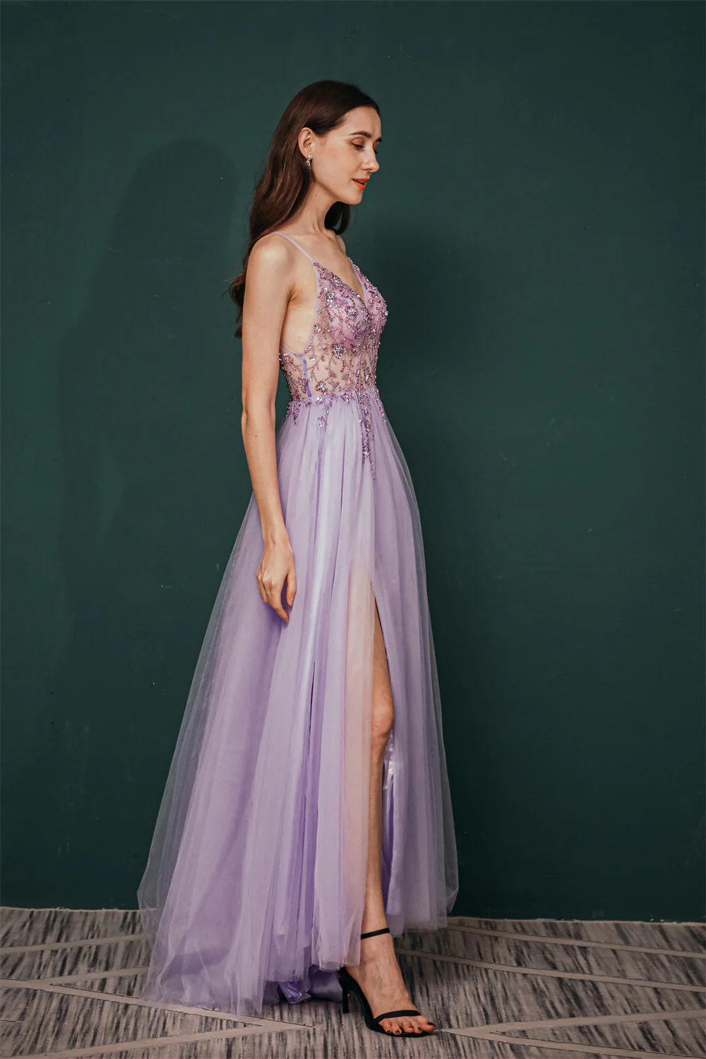 Sparkle Lilac Tulle High-split Spaghetti Strap Prom Dress - Image 7