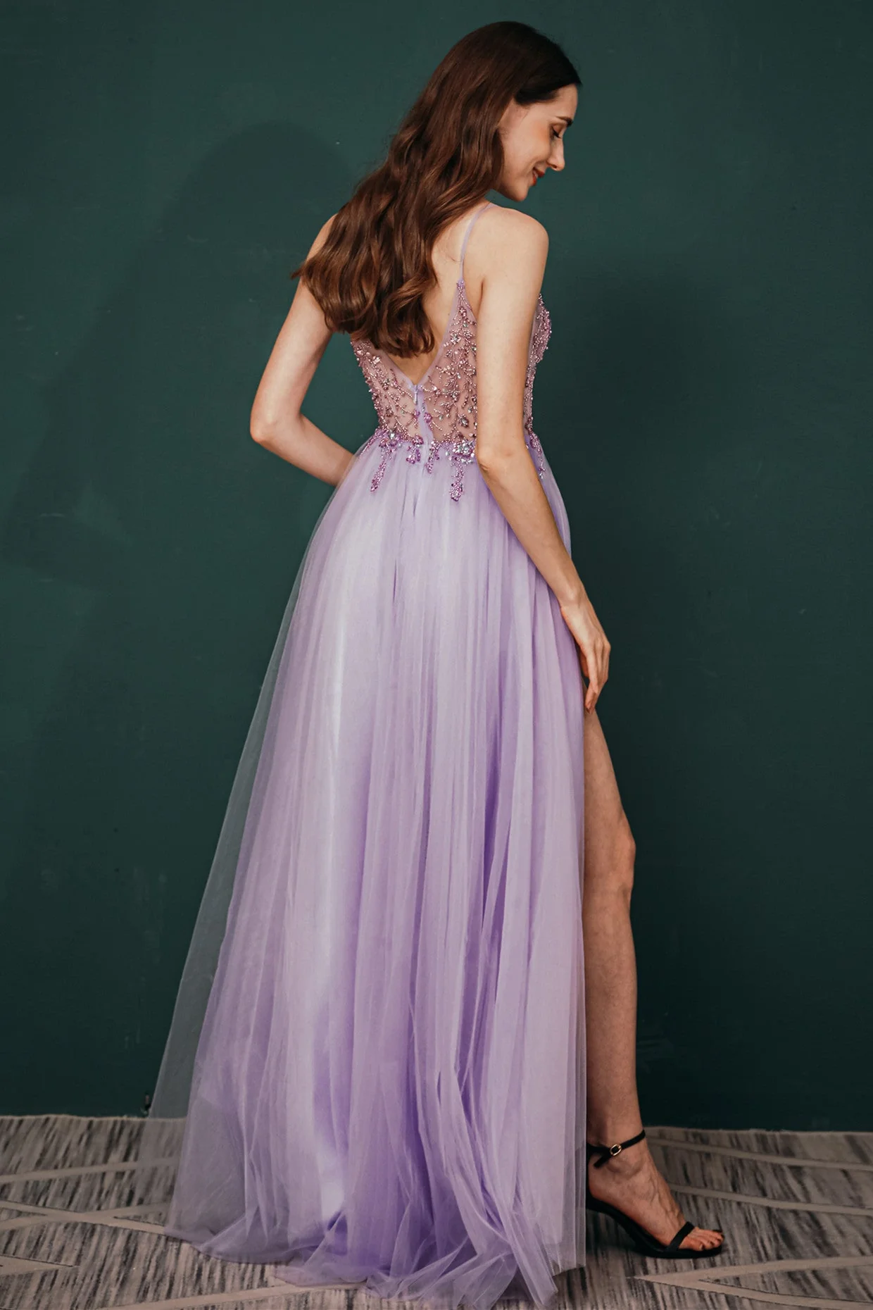 Sparkle Lilac Tulle High-split Spaghetti Strap Prom Dress - Image 8
