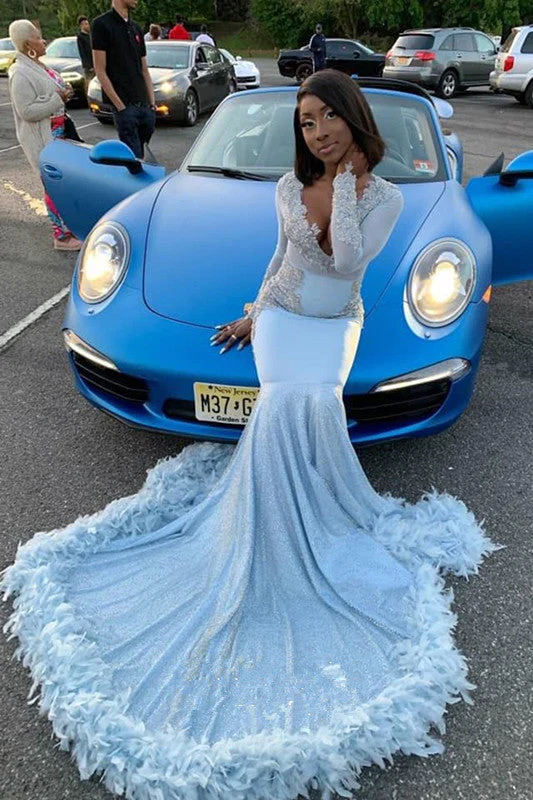 Sparkle Mermaid V-neck Luxurious Feather Long Prom Dresses - Image 2
