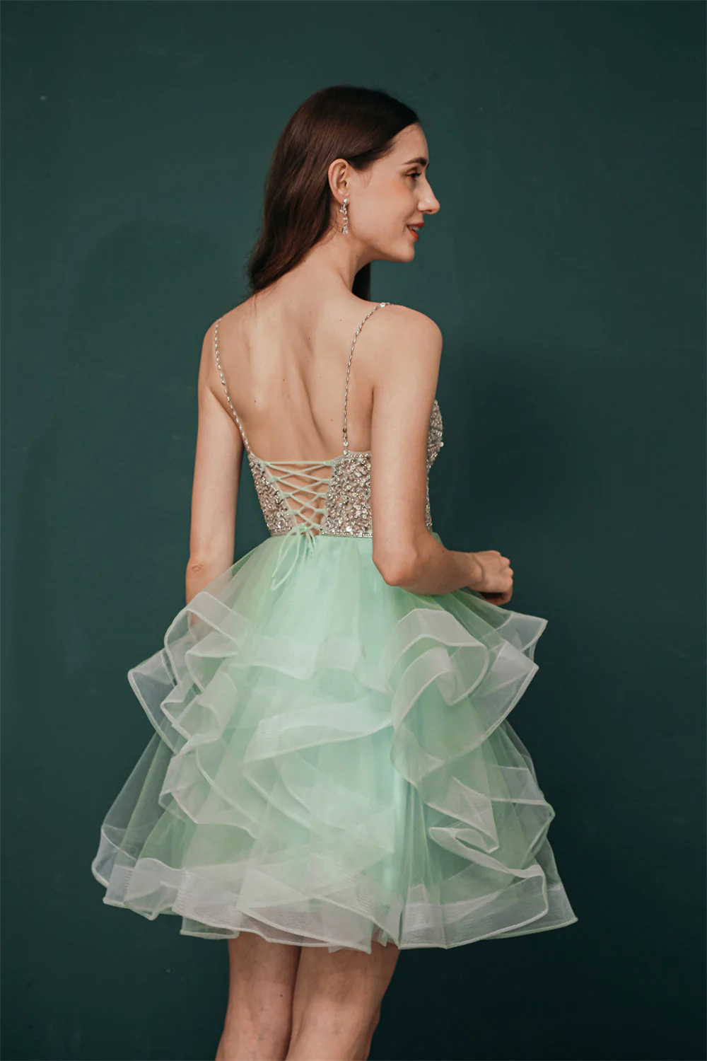Sparkle Mint Green SPAGHETTI STRAP Beaded Homecoming Dress - Image 2