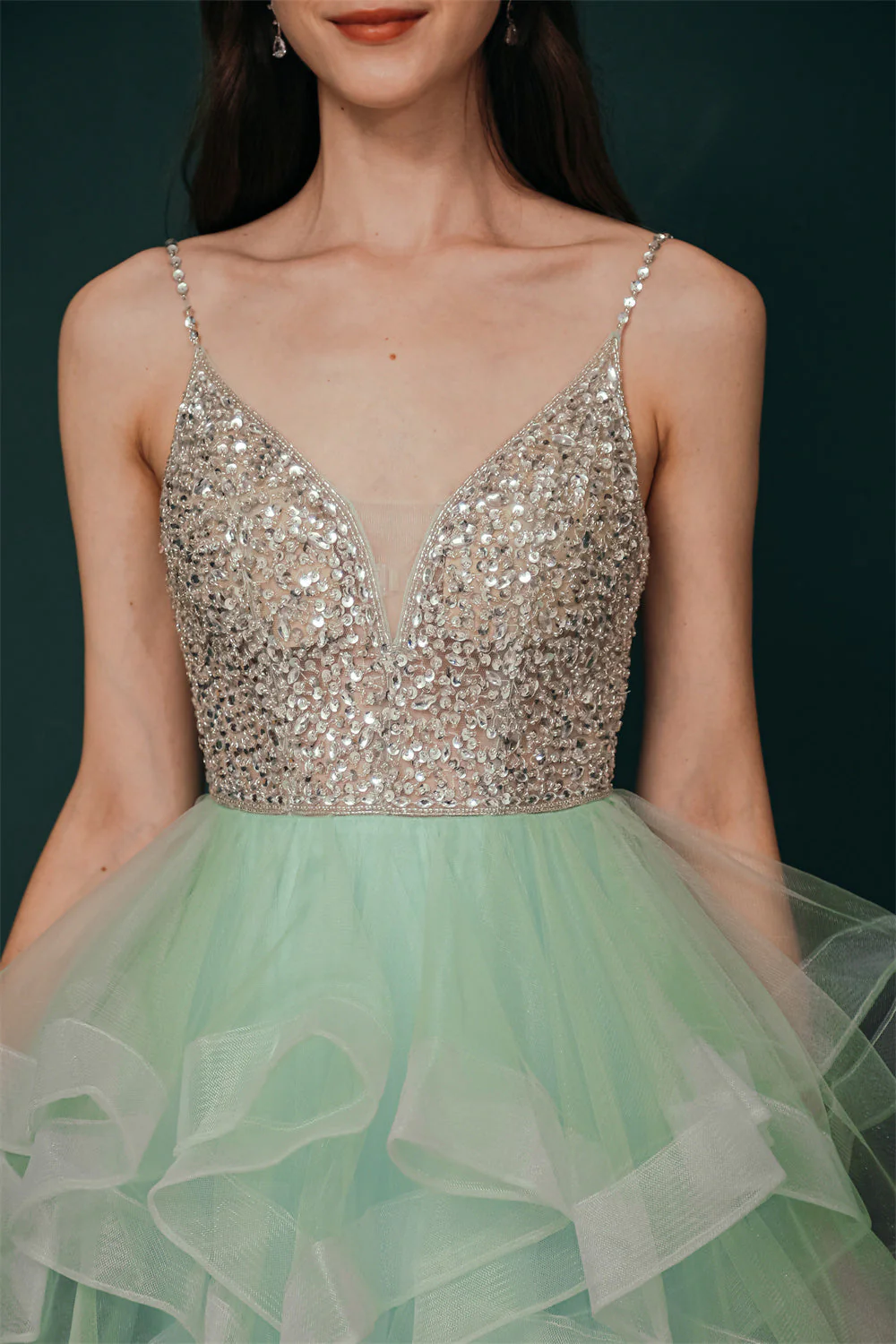 Sparkle Mint Green SPAGHETTI STRAP Beaded Homecoming Dress - Image 3