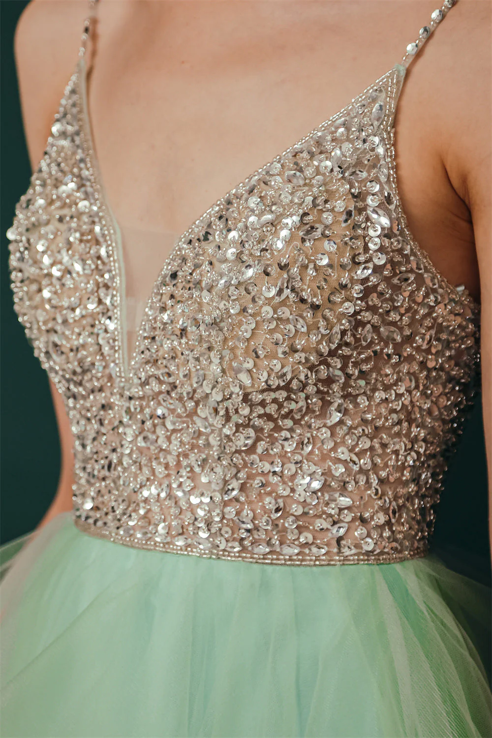 Sparkle Mint Green SPAGHETTI STRAP Beaded Homecoming Dress - Image 5