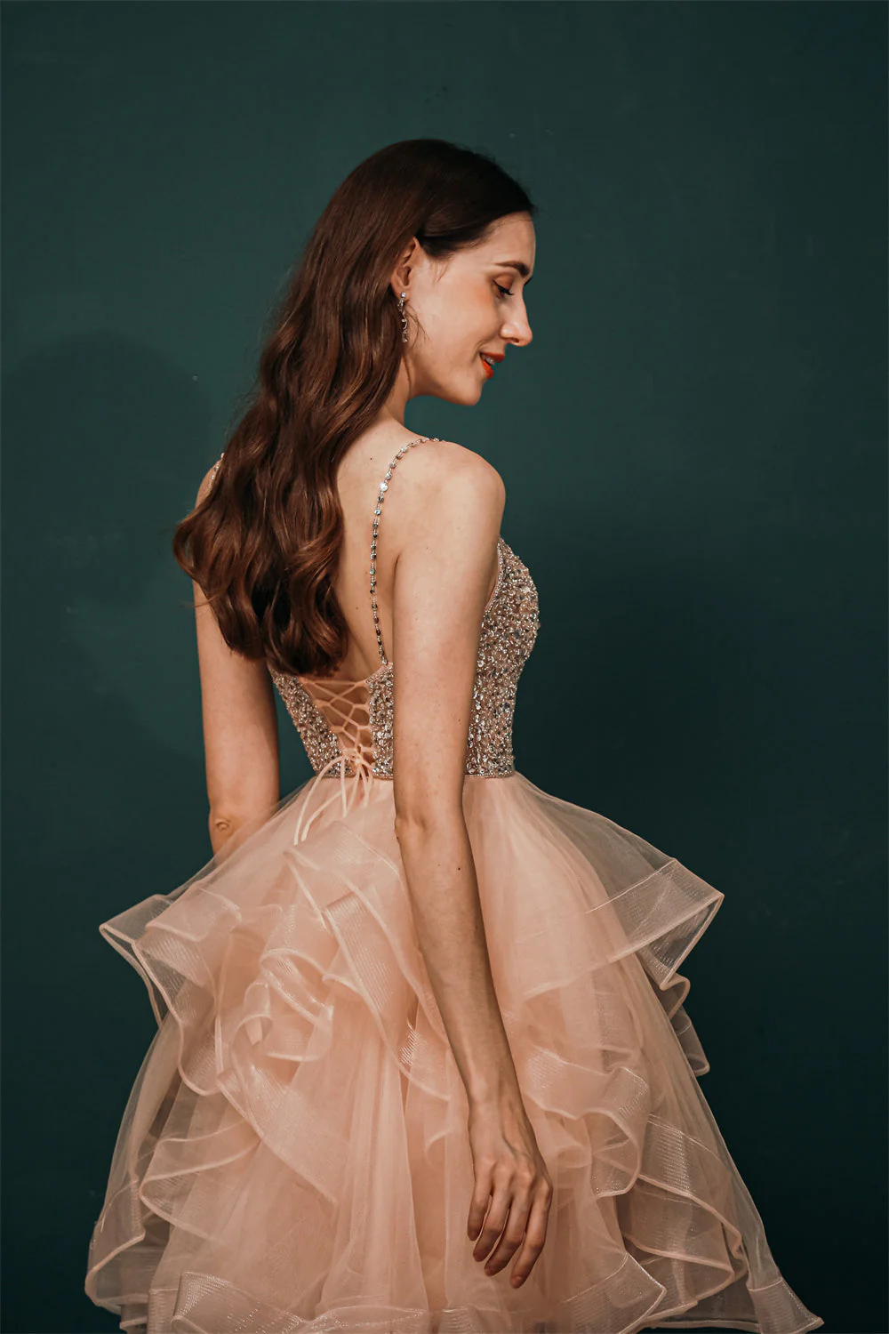 Sparkle Mint Green SPAGHETTI STRAP Beaded Homecoming Dress - Image 6