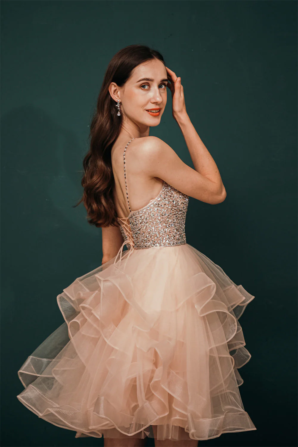 Sparkle Mint Green SPAGHETTI STRAP Beaded Homecoming Dress - Image 7