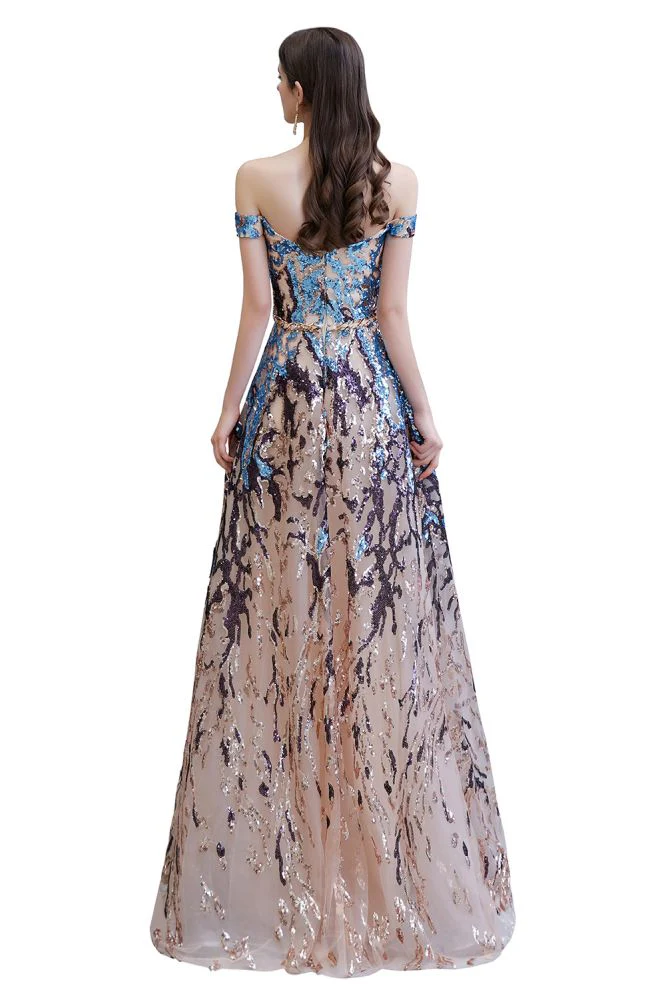Sparkle Off-the-Shoulder Rainbow sequin A-line Long Prom Party Gowns - Image 13