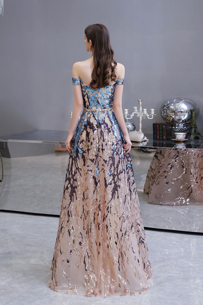 Sparkle Off-the-Shoulder Rainbow sequin A-line Long Prom Party Gowns - Image 2