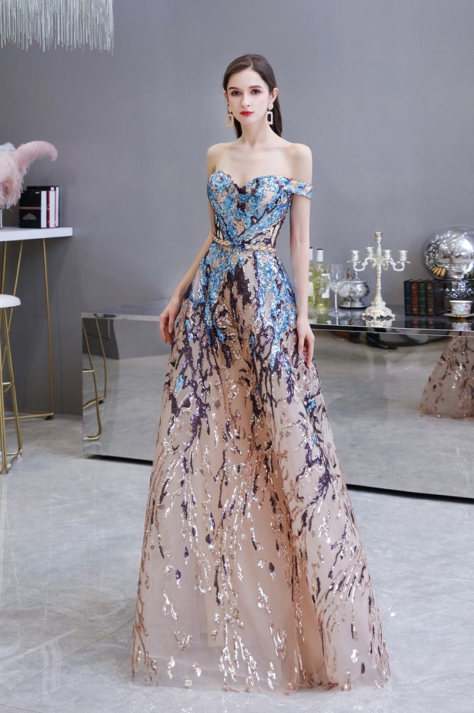 Sparkle Off-the-Shoulder Rainbow sequin A-line Long Prom Party Gowns - Image 3