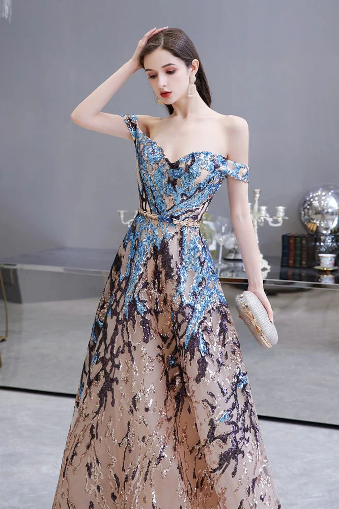Sparkle Off-the-Shoulder Rainbow sequin A-line Long Prom Party Gowns - Image 4