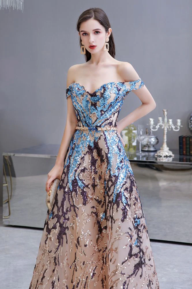 Sparkle Off-the-Shoulder Rainbow sequin A-line Long Prom Party Gowns - Image 5