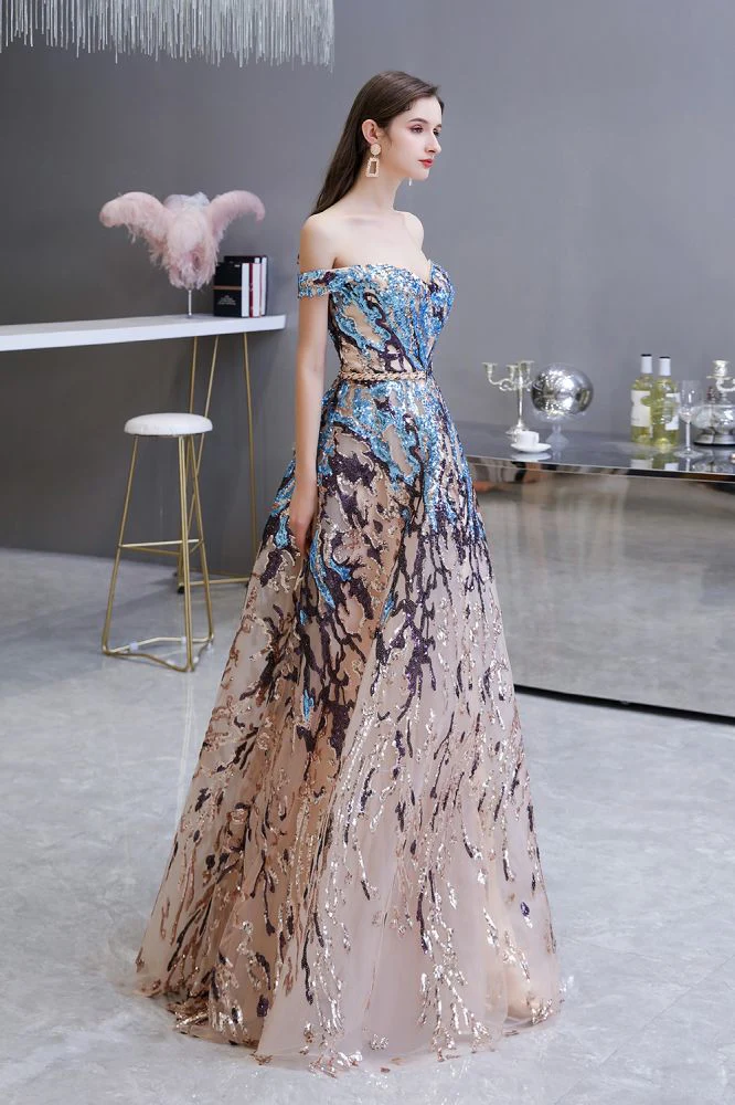 Sparkle Off-the-Shoulder Rainbow sequin A-line Long Prom Party Gowns - Image 6