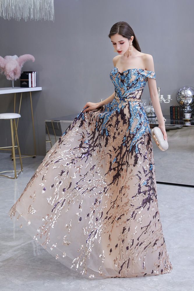 Sparkle Off-the-Shoulder Rainbow sequin A-line Long Prom Party Gowns - Image 7