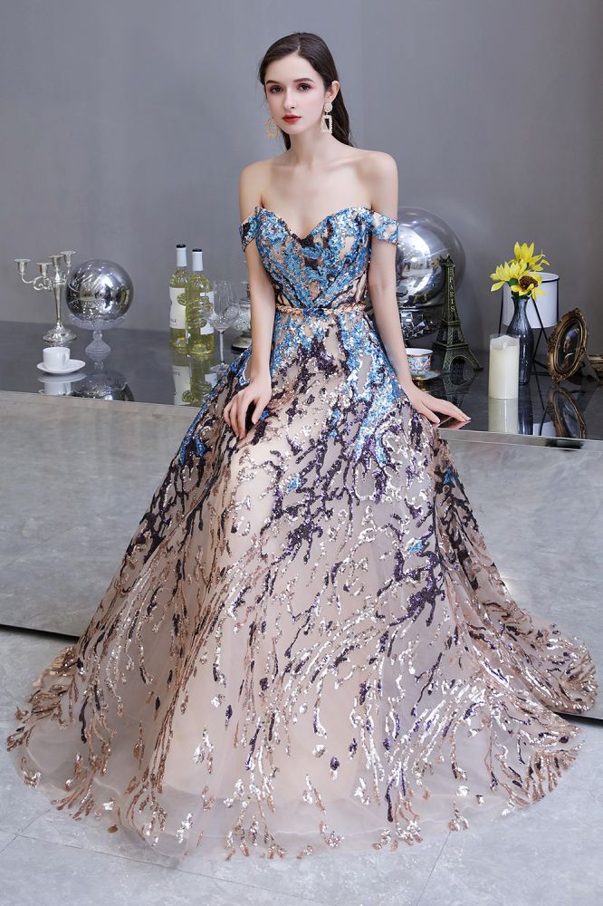 Sparkle Off-the-Shoulder Rainbow sequin A-line Long Prom Party Gowns - Image 8