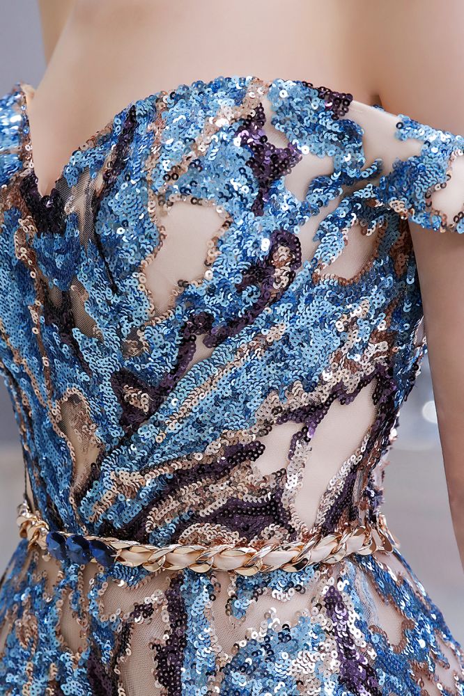 Sparkle Off-the-Shoulder Rainbow sequin A-line Long Prom Party Gowns - Image 9
