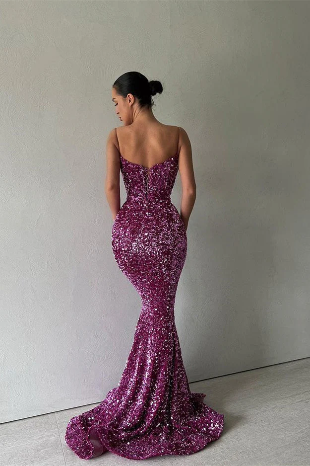 Sparkle Purple Spaghetti Strap Sequin Mermaid Long Prom Dresses - Image 2