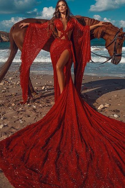 Sparkle Red Extreme Long Train Chic Criss-cross Long Sleevess Prom Party Gowns - Image 2