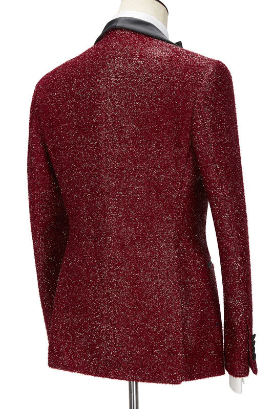 Sparkle Red Three Pieces Wedding Suits with Black Shawl Lapel - Image 2