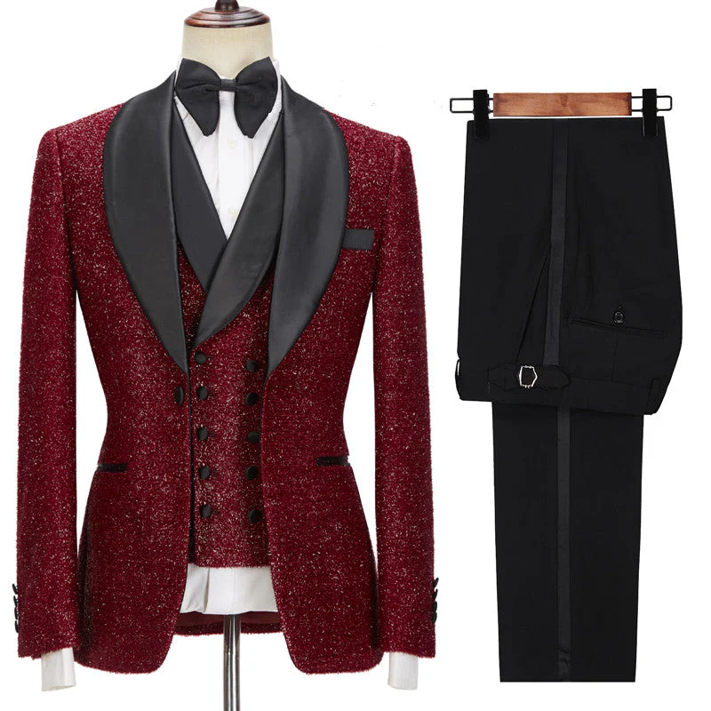Sparkle Red Three Pieces Wedding Suits with Black Shawl Lapel - Image 3