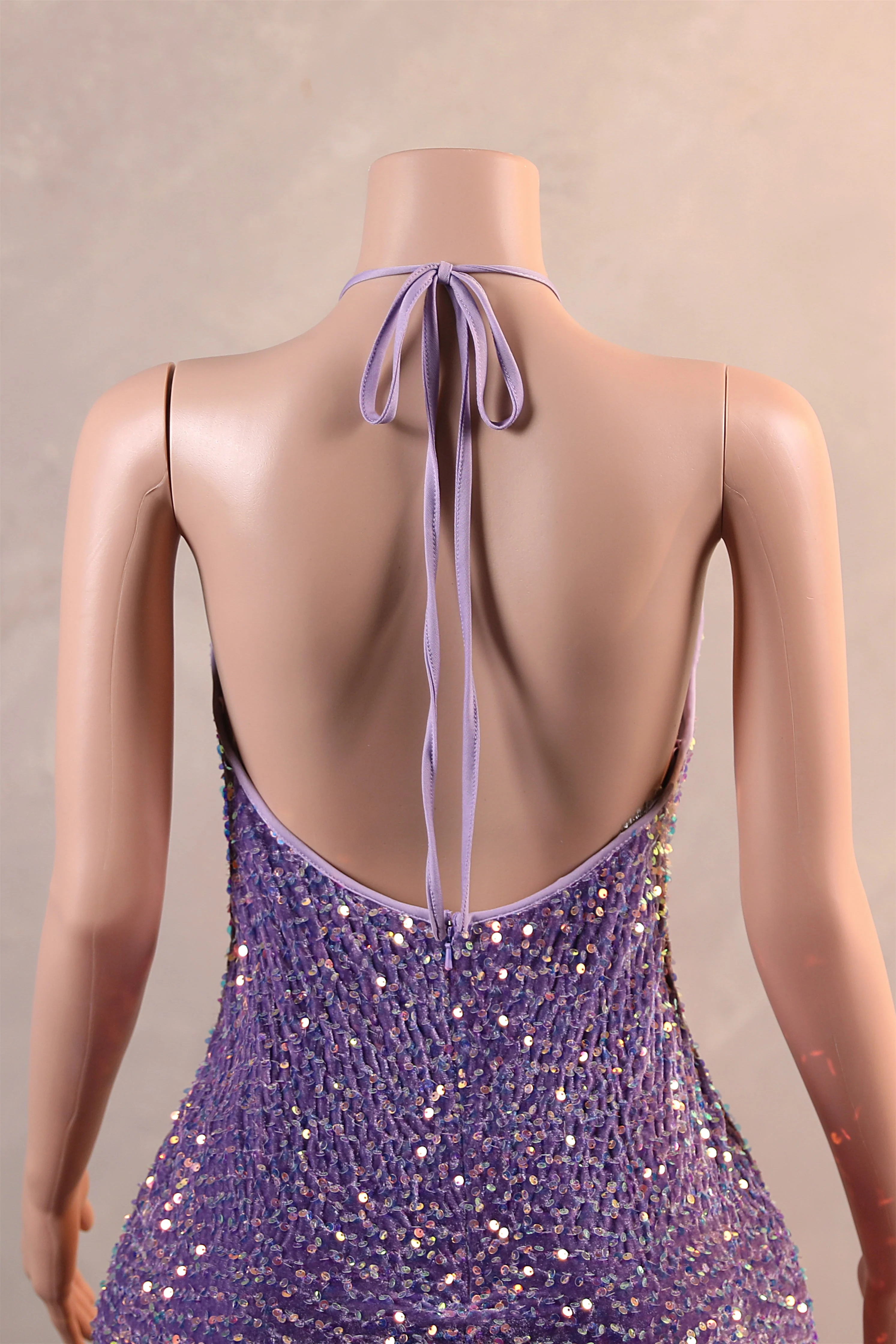 Sparkle Sequin Purple Halter V-neck Sleeveless Feathers Prom Dresses - Image 7