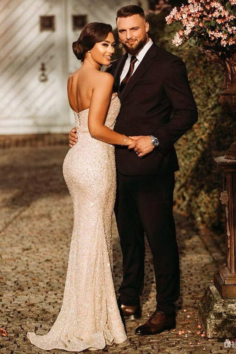 Sparkle Sequin Strapless Column High Split Long Prom Dresses - Image 2