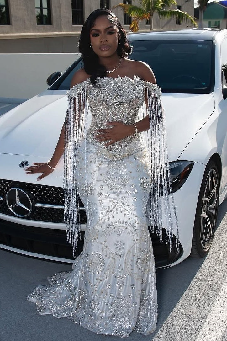 Sparkle Silver Off-the-shoulder Mermaid Court Train Tassels Prom Dresses - Image 2