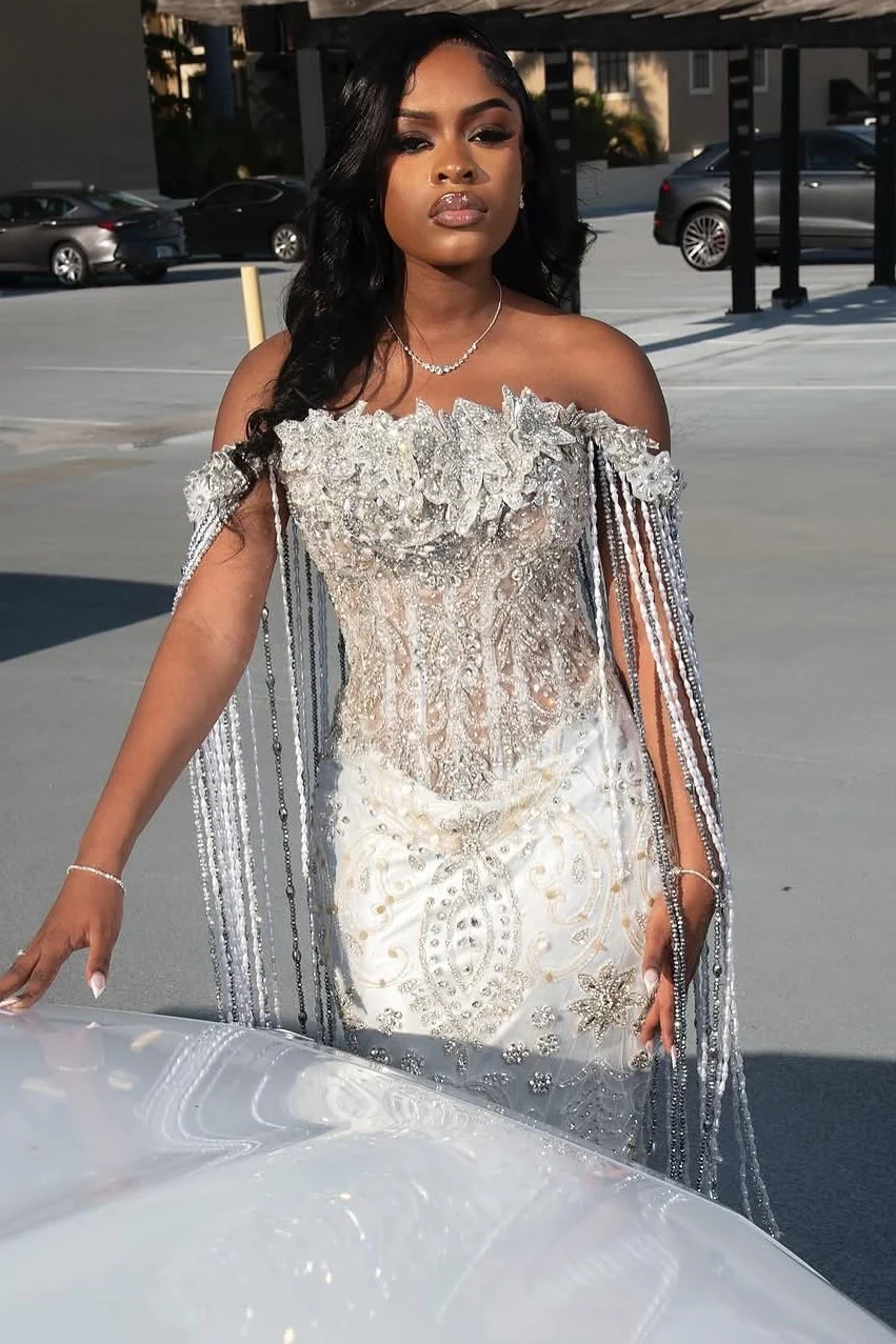 Sparkle Silver Off-the-shoulder Mermaid Court Train Tassels Prom Dresses - Image 3