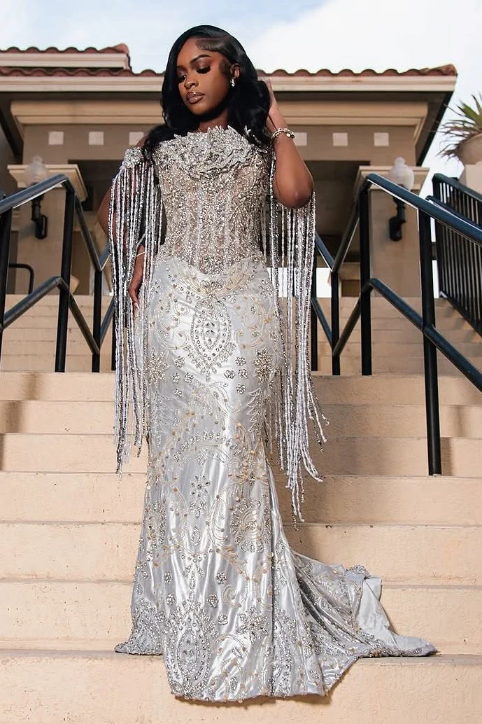 Sparkle Silver Off-the-shoulder Mermaid Court Train Tassels Prom Dresses - Image 4