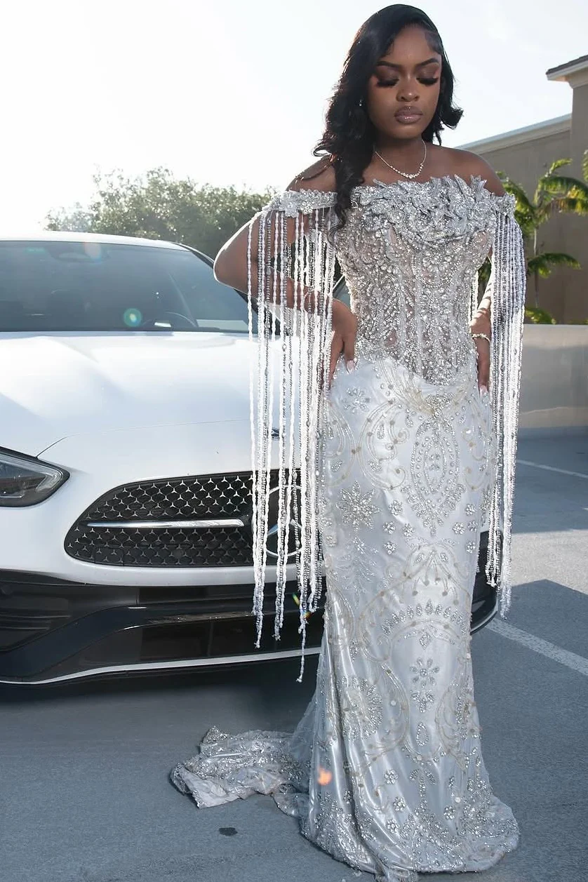 Sparkle Silver Off-the-shoulder Mermaid Court Train Tassels Prom Dresses - Image 5