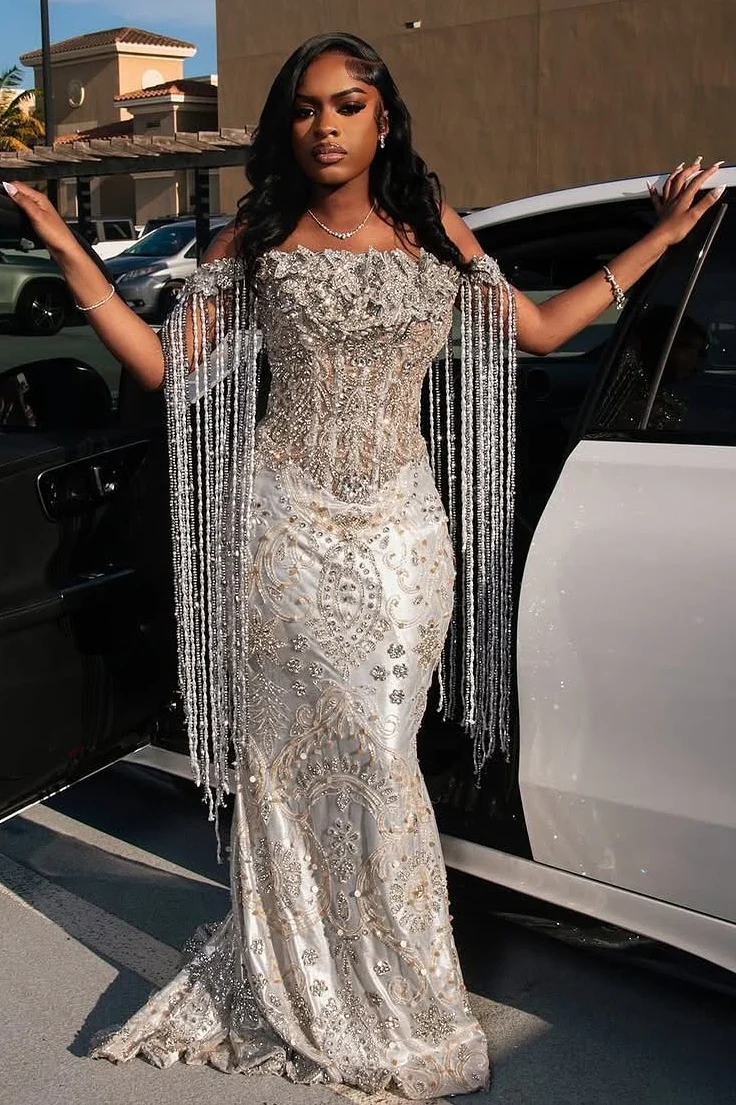 Sparkle Silver Off-the-shoulder Mermaid Court Train Tassels Prom Dresses - Image 6
