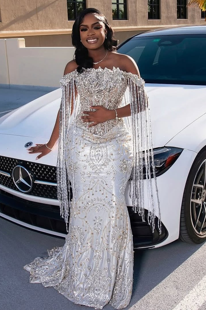 Sparkle Silver Off-the-shoulder Mermaid Court Train Tassels Prom Dresses - Image 7