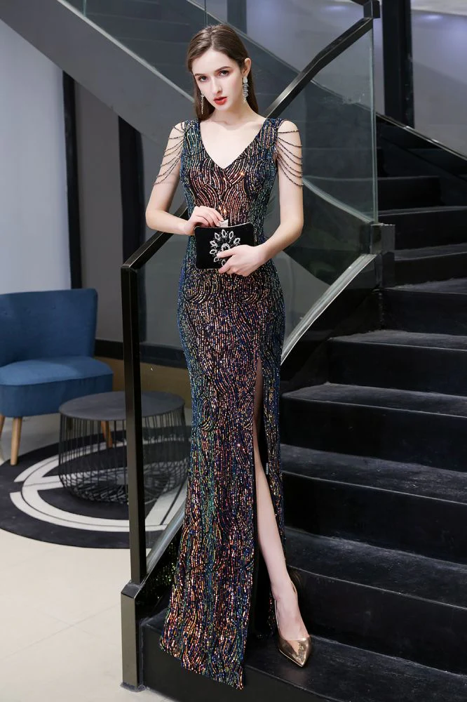 Sparkle V-neck High split Sleeveless Black Evening Dress On Sale - Image 12
