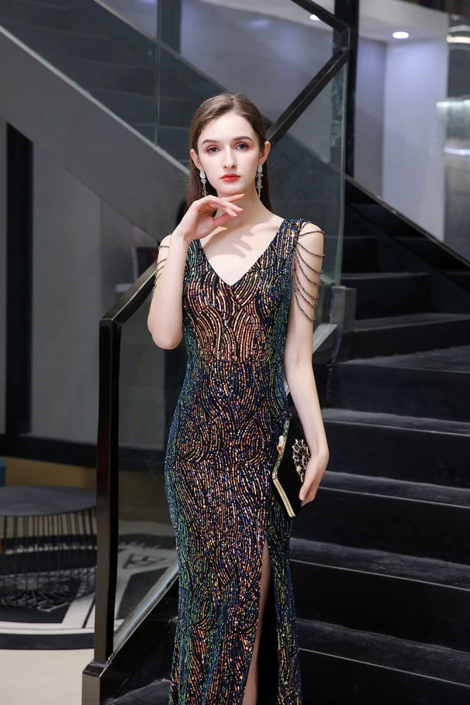 Sparkle V-neck High split Sleeveless Black Evening Dress On Sale - Image 3