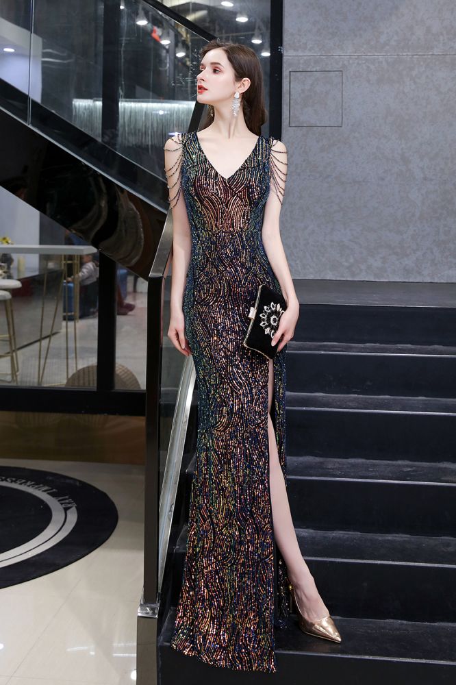 Sparkle V-neck High split Sleeveless Black Evening Dress On Sale - Image 4
