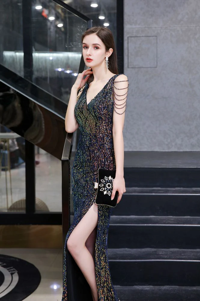 Sparkle V-neck High split Sleeveless Black Evening Dress On Sale - Image 5