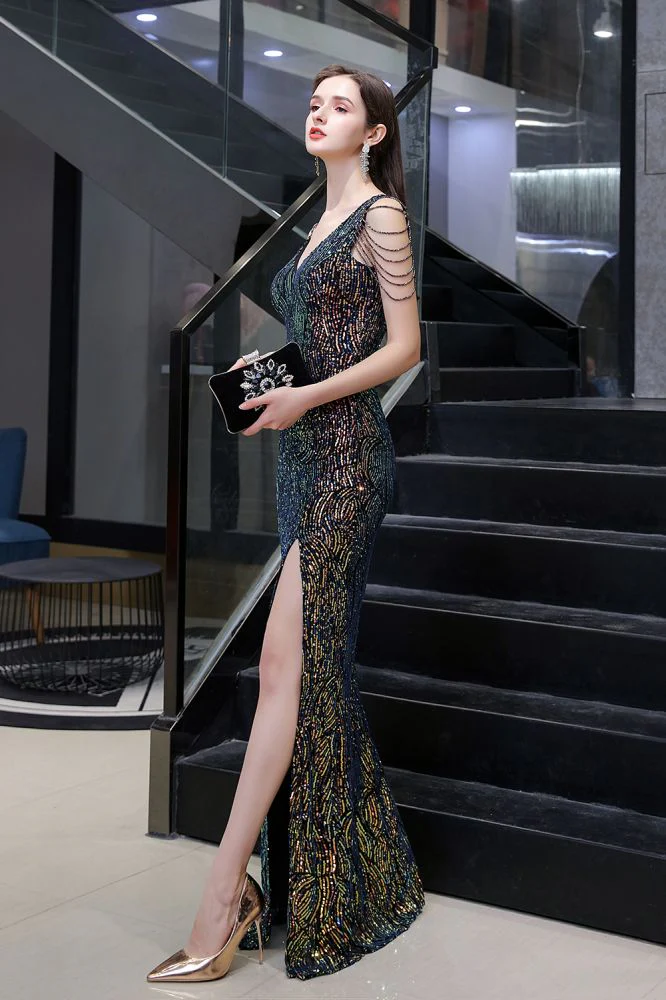 Sparkle V-neck High split Sleeveless Black Evening Dress On Sale - Image 6