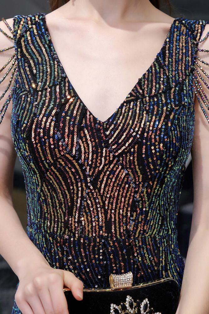 Sparkle V-neck High split Sleeveless Black Evening Dress On Sale - Image 8