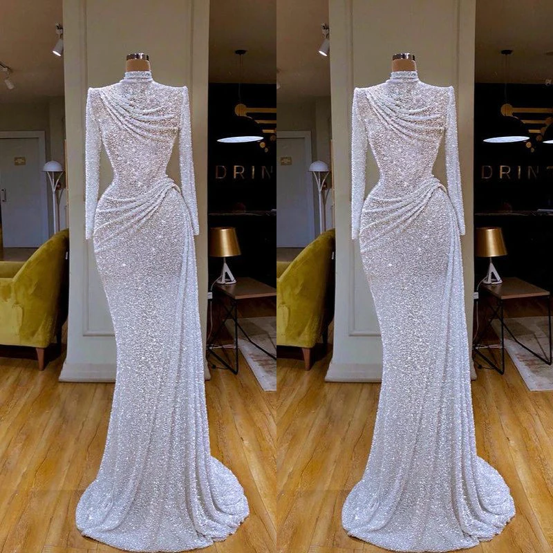 Sparkle White Sequin Long sleeves Pleated Long Prom Dress - Image 2