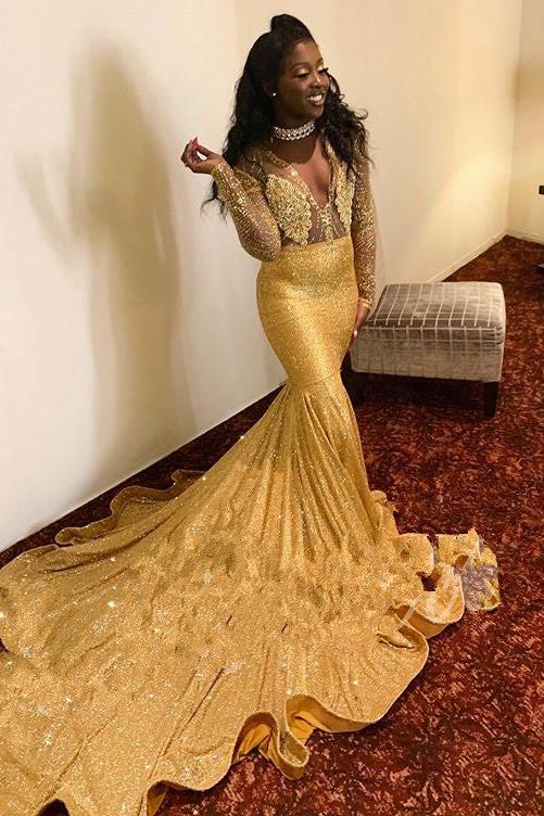 Sparkling Appliques Fit and Flare Prom Dresses Alluring Chic V-neck Gold Long Sleeves Evening Gowns - Image 2