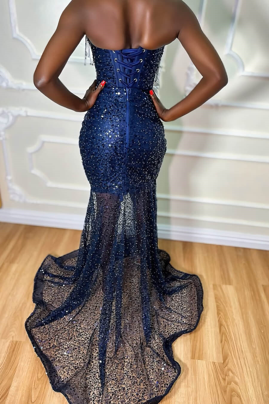 Sparkling Blue V-Neck Strapless Sleeveless Sequins Prom Dresses Mermaid With Lace-Up Back - Image 4