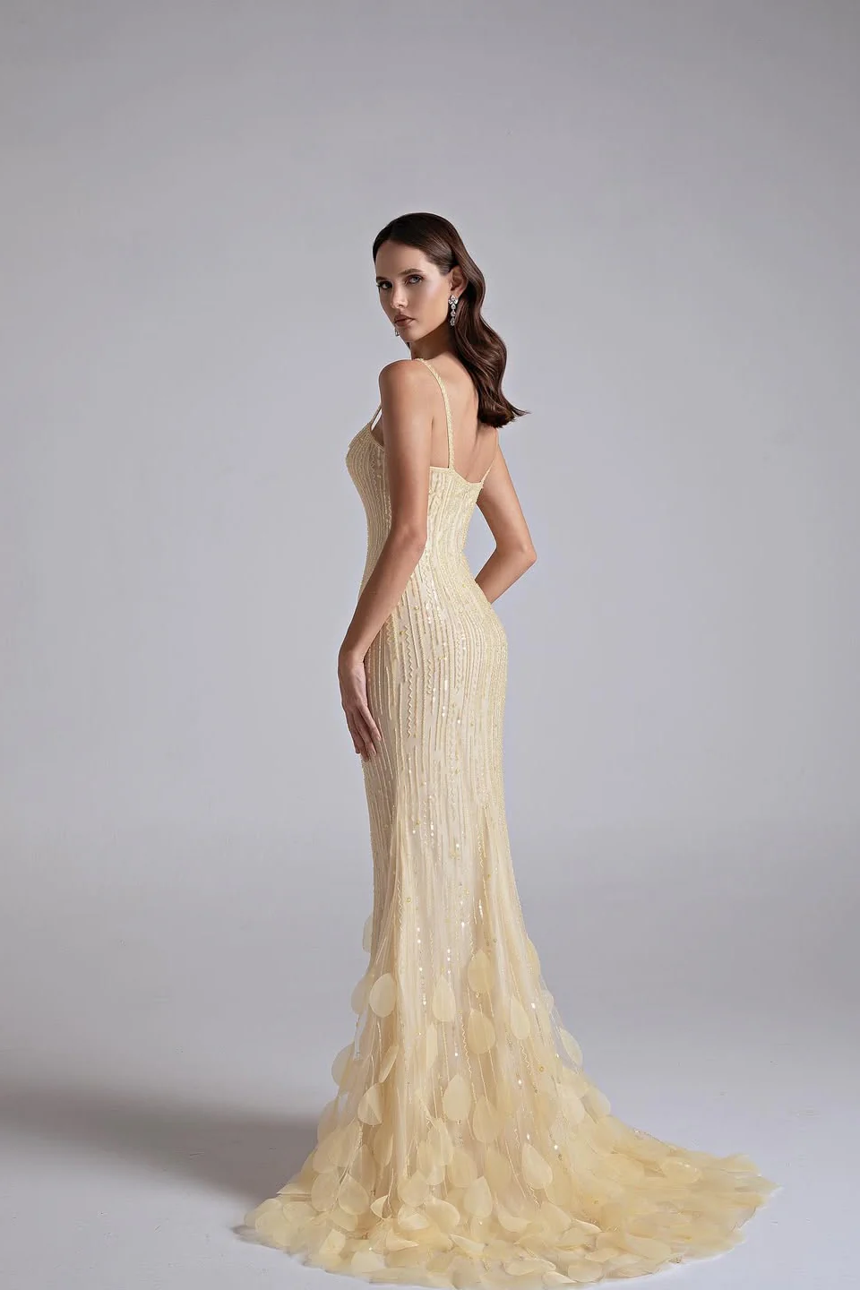 Sparkling Daffodil Spaghetti-Strap Sleeveless Prom Dress Mermaid Beading With Zipper - Image 3