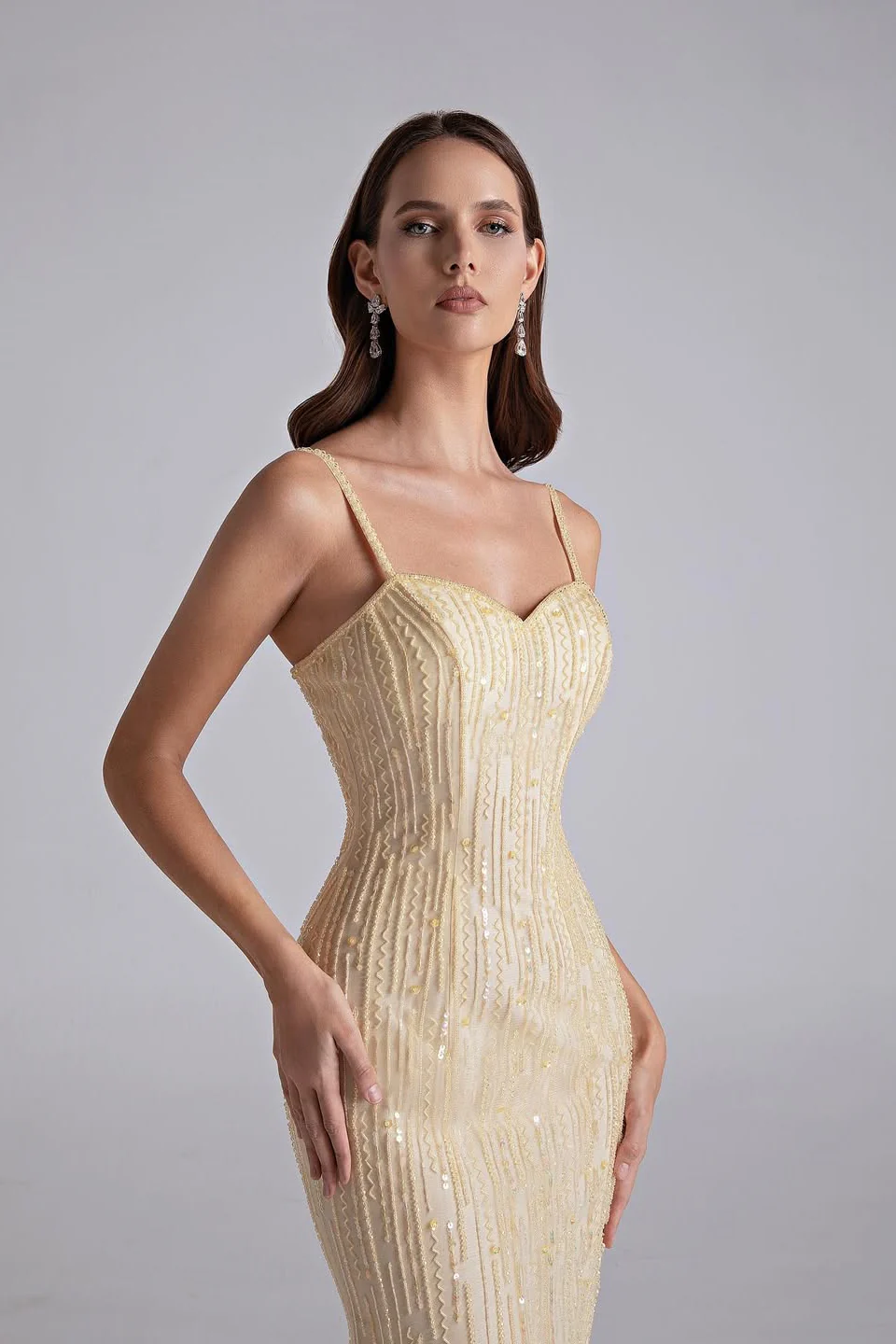 Sparkling Daffodil Spaghetti-Strap Sleeveless Prom Dress Mermaid Beading With Zipper - Image 4