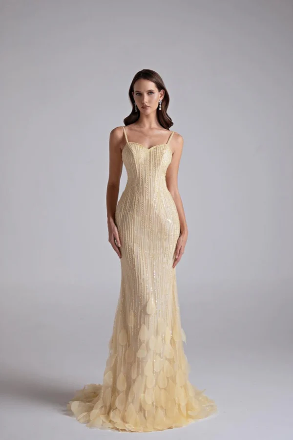 Sparkling Daffodil Spaghetti-Strap Sleeveless Prom Dress Mermaid Beading With Zipper - Image 5