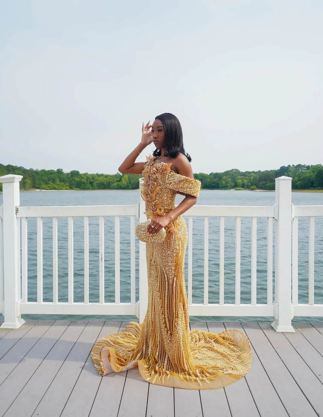 Sparkling Gold V-Neck Off-The-Shoulder Mermaid Prom Dresses Column Long Pearl With Beads - Image 4