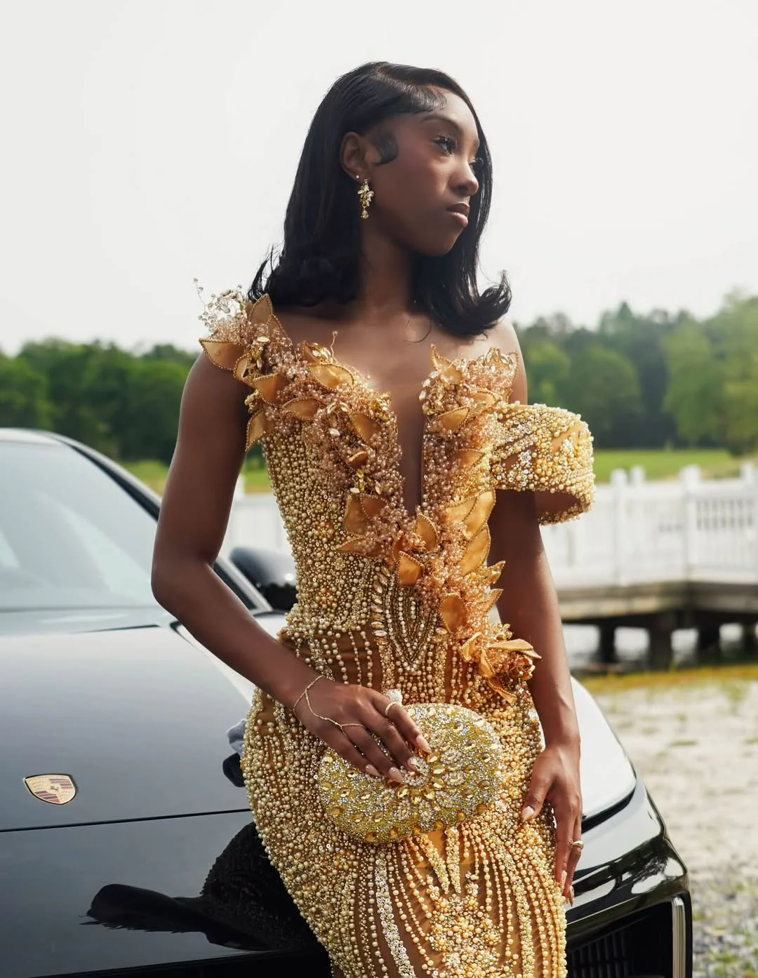 Sparkling Gold V-Neck Off-The-Shoulder Mermaid Prom Dresses Column Long Pearl With Beads - Image 7