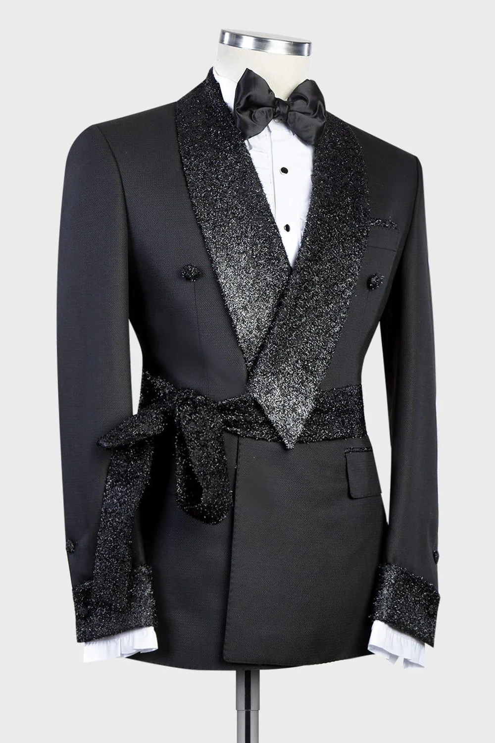 Sparkling Shawl Lapel Double-Breasted Black Wedding Suit with Belt - Image 2